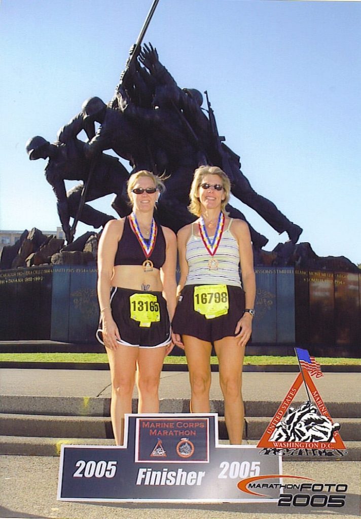 Jean Marie and her sister at the end of 2005 Marine Corps Marathon.